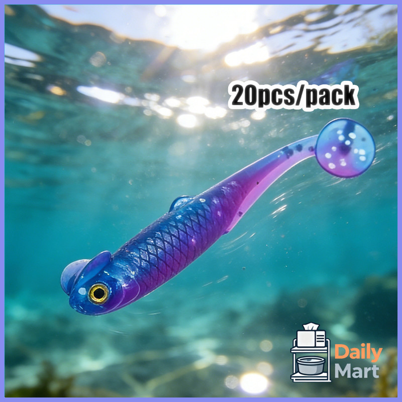 20pcs Umpan tiruan, umpan lunak T-tail mengambang dengan sirip, umpan buatan, mata kail jig head, Te