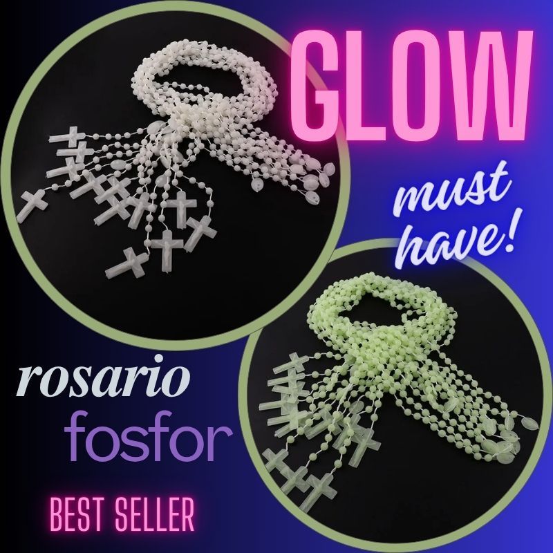 DISKON - Kalung Rosario Fosfor Katolik Bulat 8 mm Menyala Dalam Gelap Aksesoris Souvenir Benda Rohan