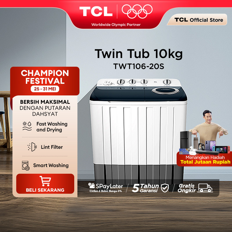 TCL Mesin Cuci 2 Tabung - Twintub 10KG - Lint Filter - Anti Karat - Anti Tikus (Model: TWT106-20S)