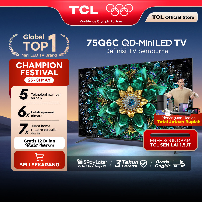 TCL 75 Inch QD-Mini LED TV Q6C - AiPQ Pro Processor - 6in1 Healthy Eye care - 144Hz - Smart Android 