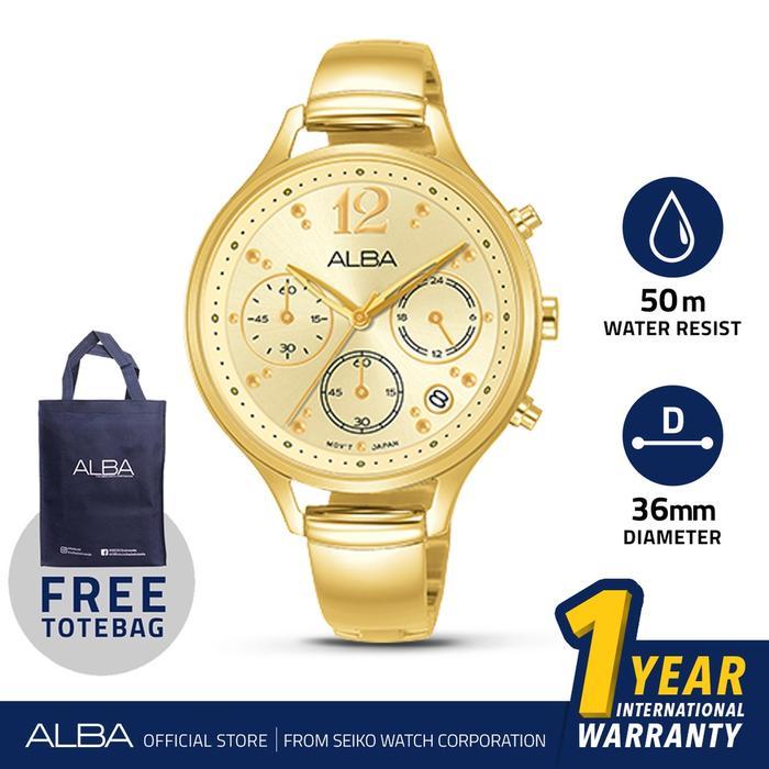 Alba Jam Tangan Wanita Chronograph AT3E98 / AT3E98X1 Quartz Gold Dial Stainless Steel Strap Watch - 