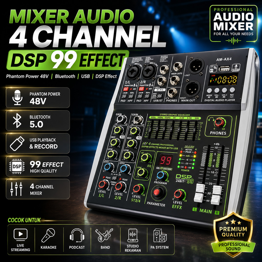 Mixer Audio 4 Channel DSP 99 Effect Phantom Power 48V Bluetooth USB Untuk Live Streaming Karaoke Pod