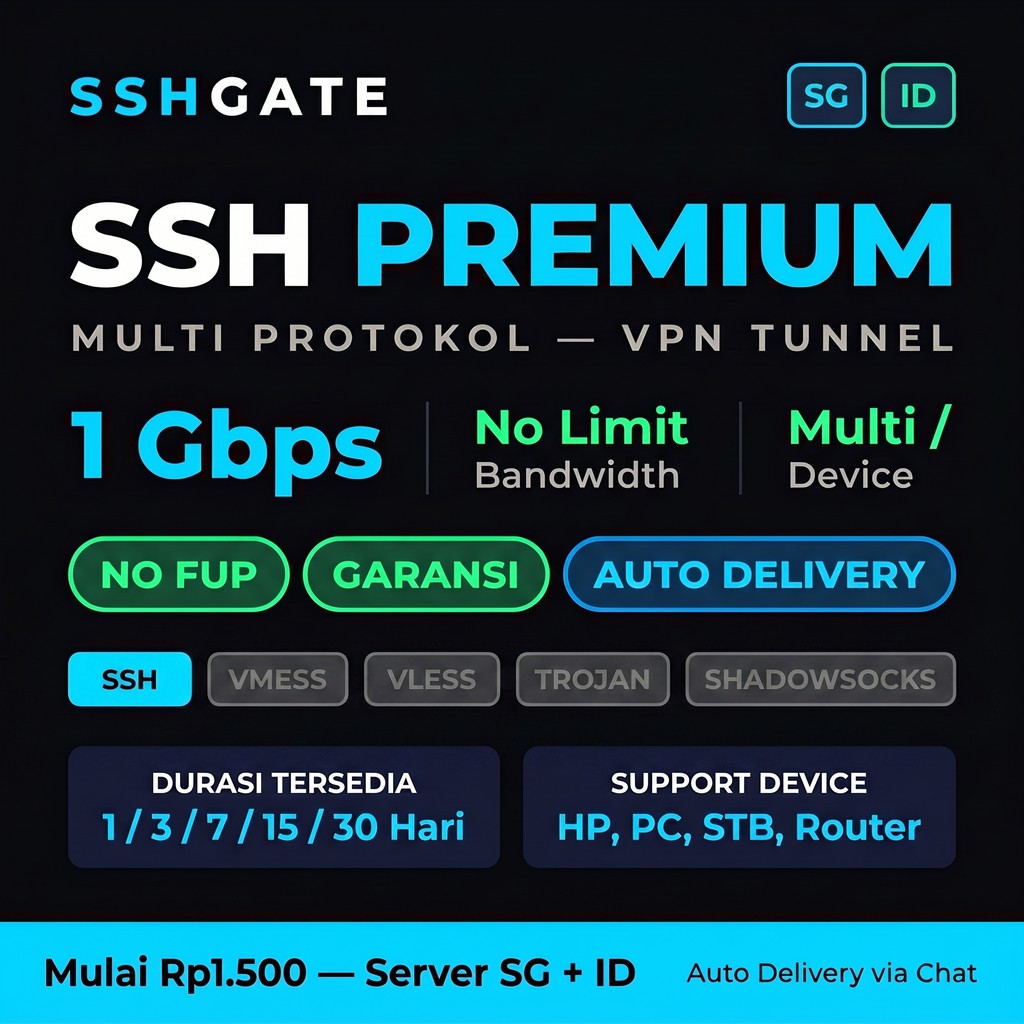 Akun SSH Premium VPN Tunnel Server SG ID Full Speed No FUP Garansi