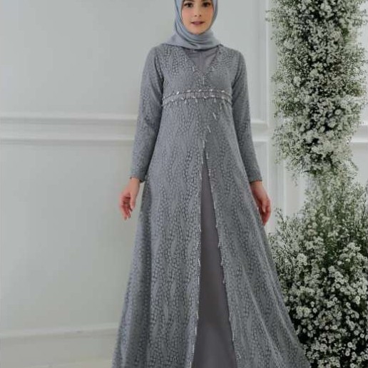 Javina Zaina Brocade Series Dress - Blue Grey