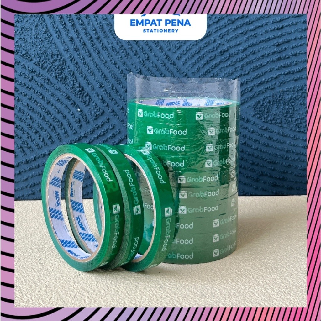 Berkualitas Solasi GrabFood 12mm x 50 Yard 1 Slop Isi 12 Roll Lakban Grab Food Segel Makanan Kantong