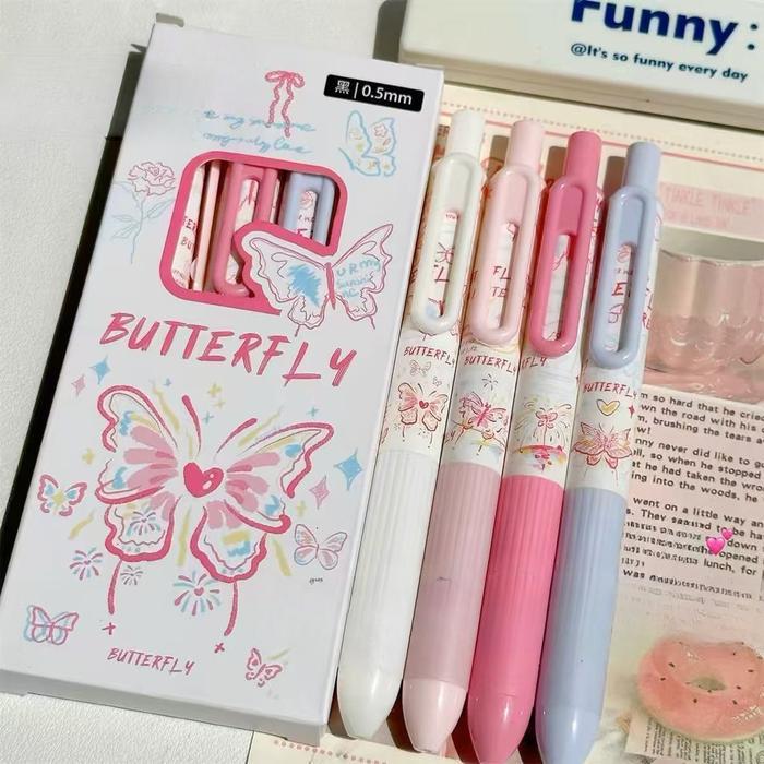 4pcs Pulpen Gel Aesthetic 0.5mm Gel Pens Lucu Retractable Pulpen Pen Mekanik Tinta Hitam Alat Tulis 
