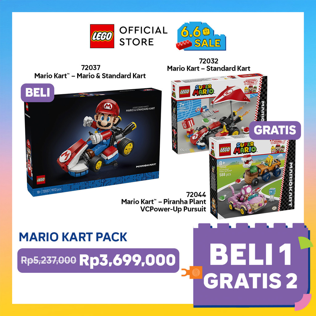 Beli 1 Gratis 2 - LEGO Super Mario 72037 Mario Kart – Mario & Standard Kart + LEGO Super Mario 72032