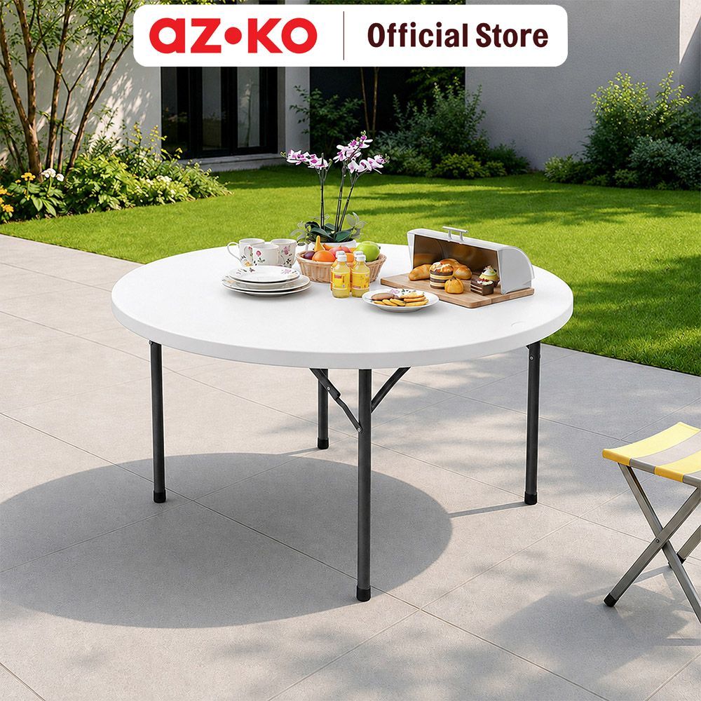 AZKO Krisbow 155 cm Meja Taman Lipat Round - Putih granite Foldable Garden Desk Picnic Table Meja Ha