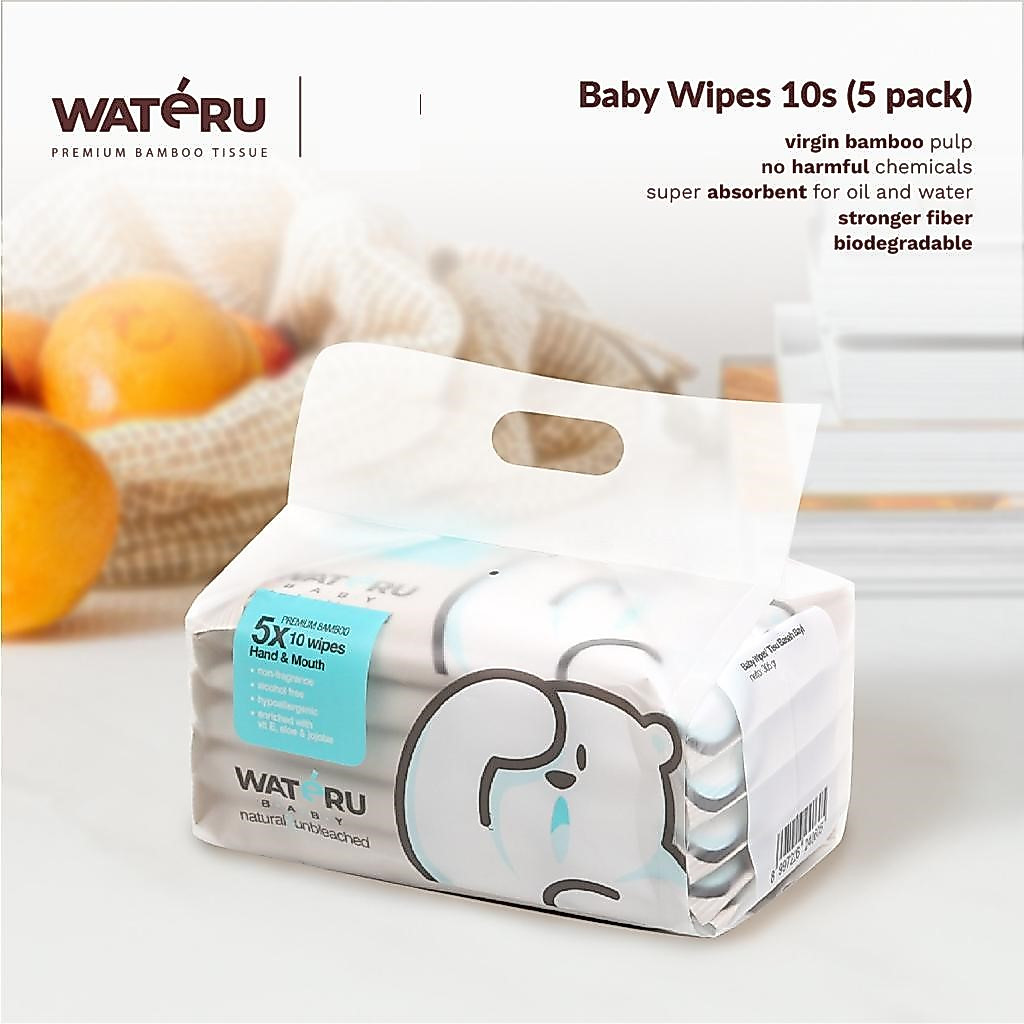 Wateru Bamboo Baby Wipes Hand & Mouth / Tisu Basah Bambu Mini Size 5x10sheets (1pack)
