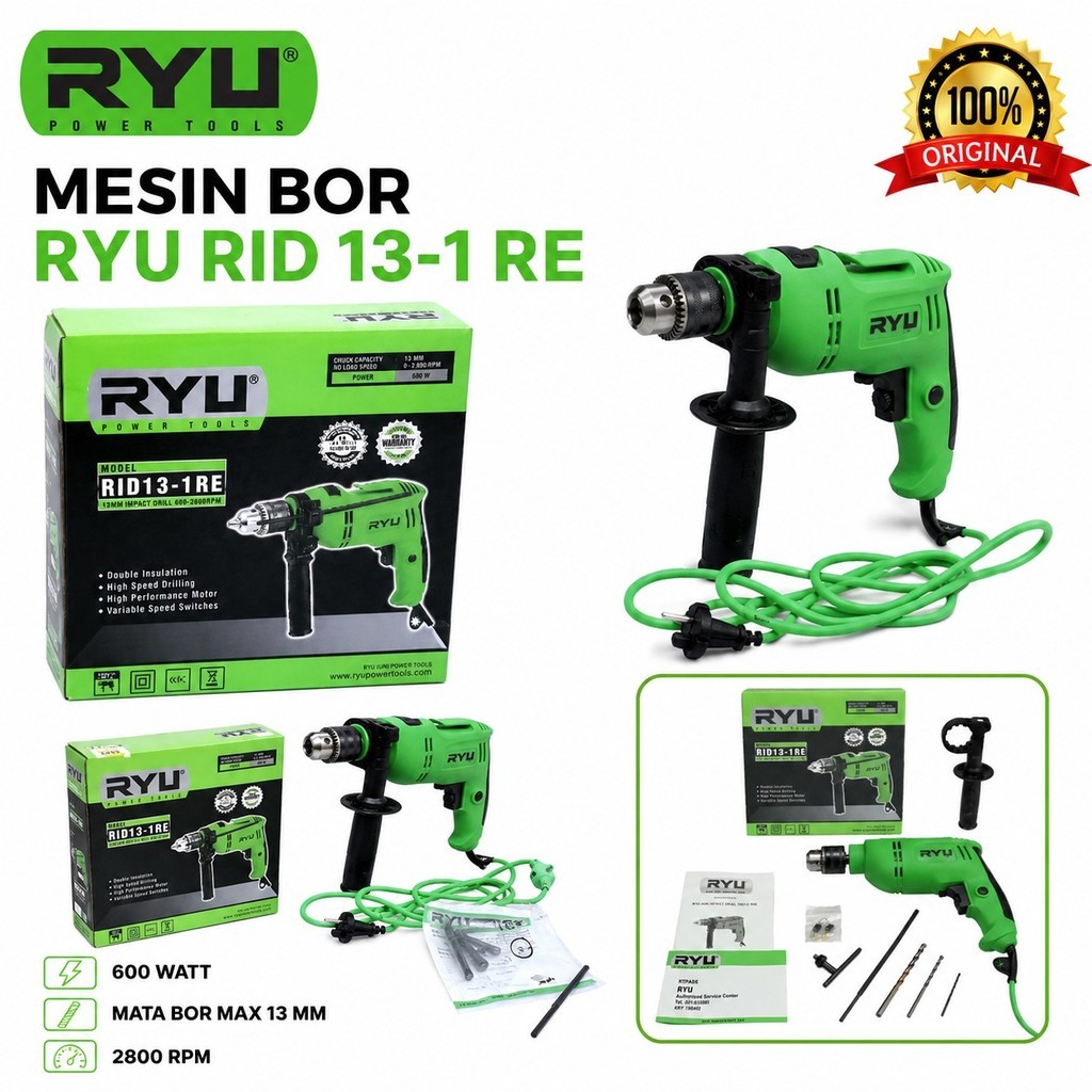 RYU MESIN BOR RYU RID13-1RE RID 13 - 1 RE BOR TEMBOK BETON BESI KAYU IMPACT DRILL 600W 600 WATT 27PC