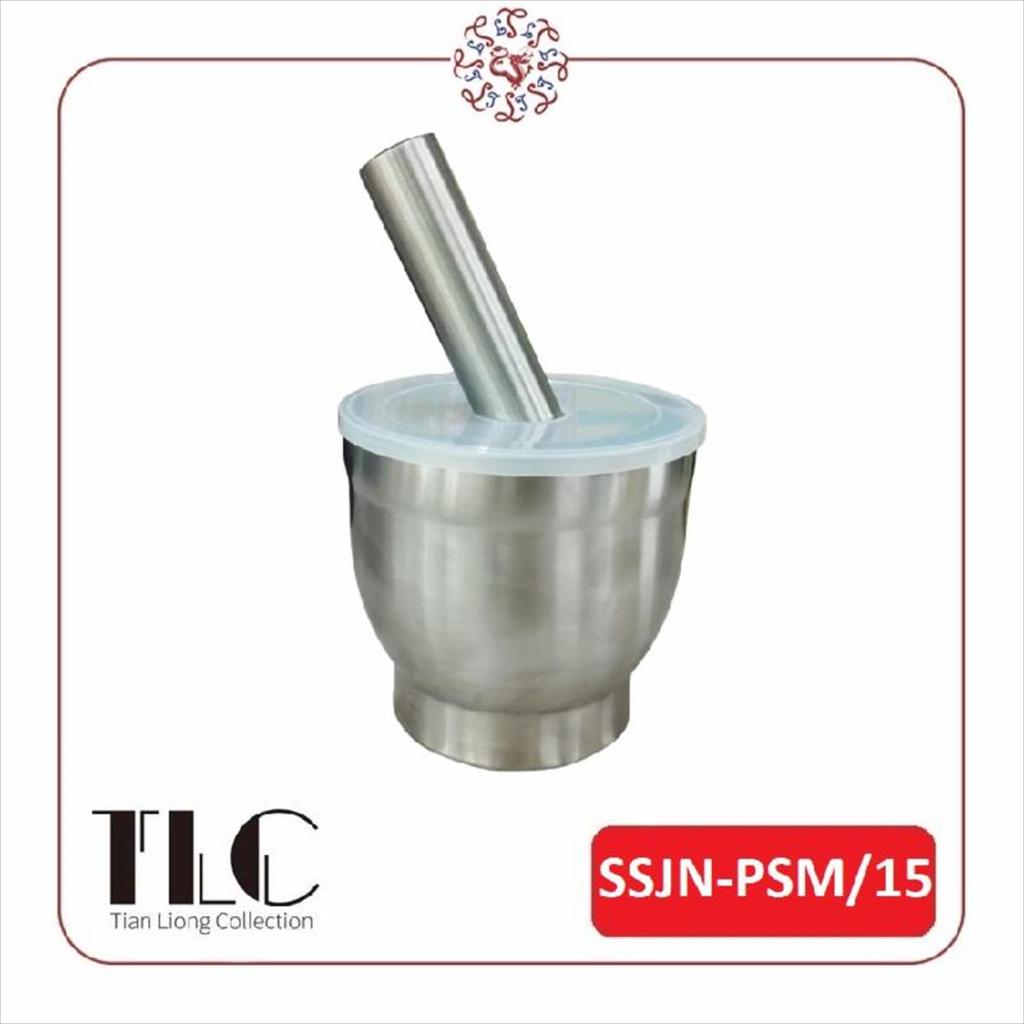 TLC Pestle and Mortar, with  Plastic Lid Stainless Steel 304 15x14cm / Penumbuk