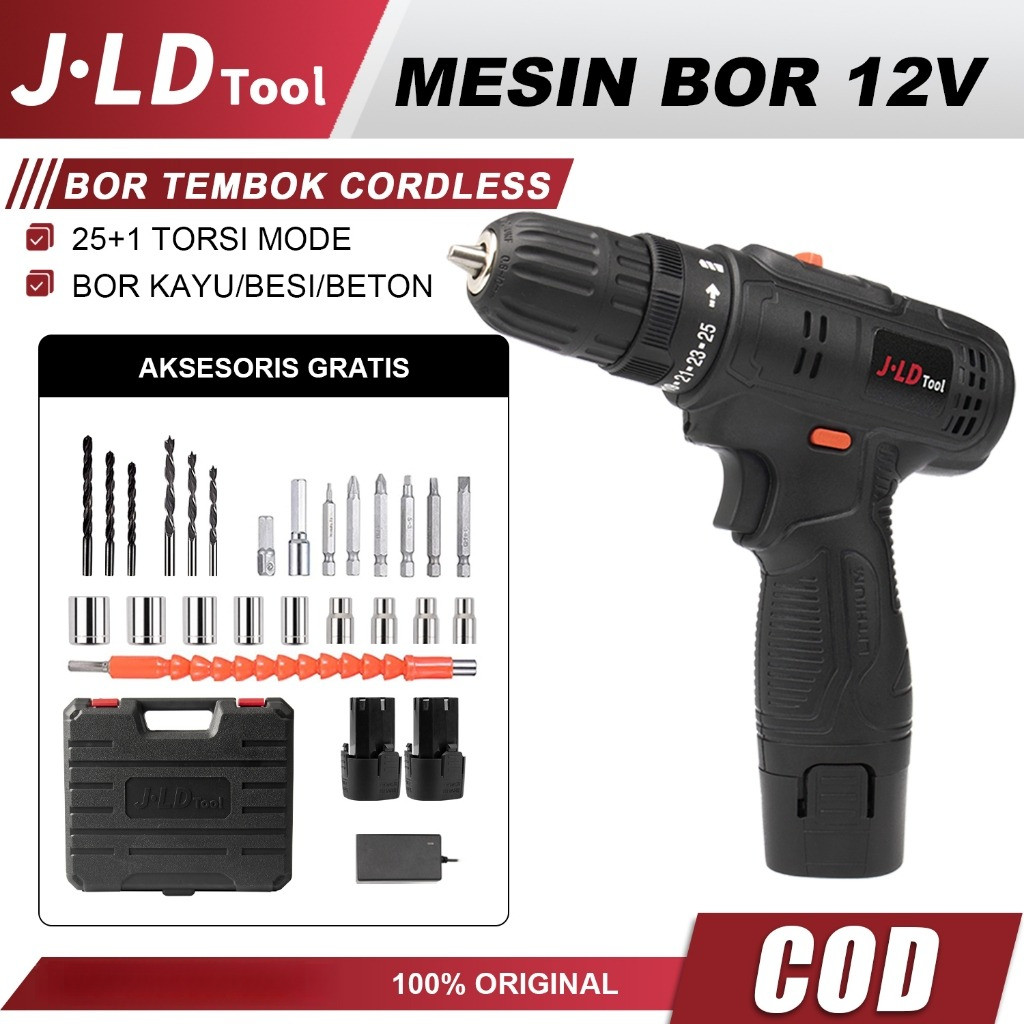 JLD 12V 12VOLT Mesin Bor Baterai Bor Cas Jld Bor Obeng Case Fullset Portable 25+1 Cordless Drill Bor