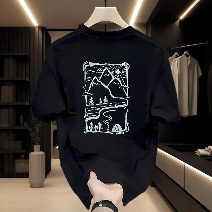 EIGER Kaos Gaya Seni Garis Putih Gunung Lanskap 100%Original Design Kaos T-Shirt Oblong Pria & Wanit