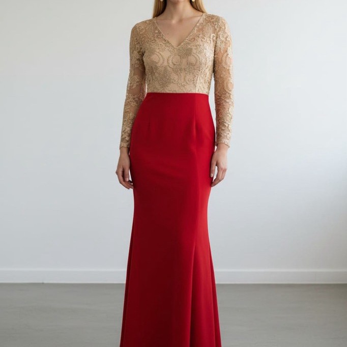 GaunPestaEleganKombinasiLace&Satin-RedGoldLuxuryDress