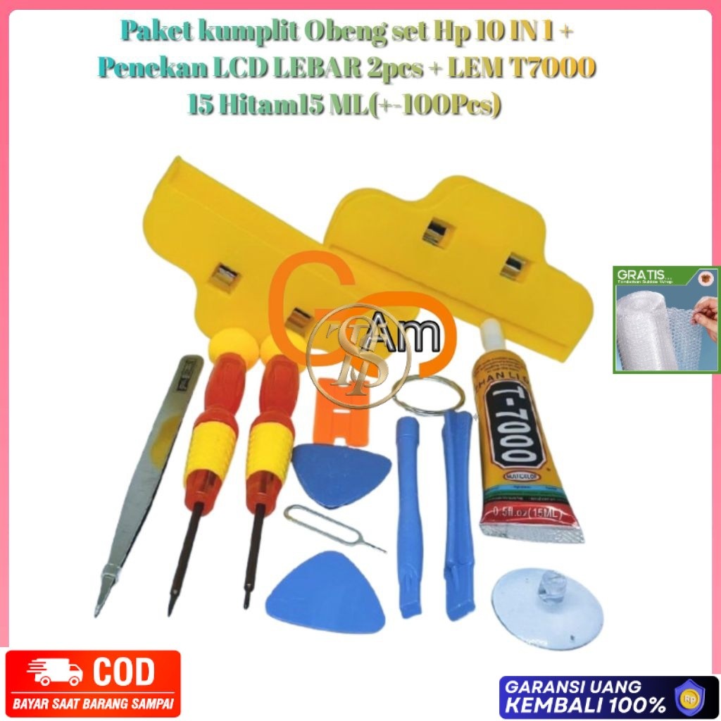 LAGI PROMO Paket kumplit Obeng set Hp 10 IN 1 + Penekan LCD LEBAR 2pcs + LEM T7000 15 Hitam15 ML(+-1