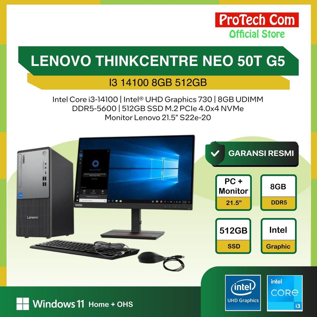 LENOVO THINKCENTRE NEO 50T G5 I3 14100 8GB 512GB W11 OHS + MONITOR 21.5