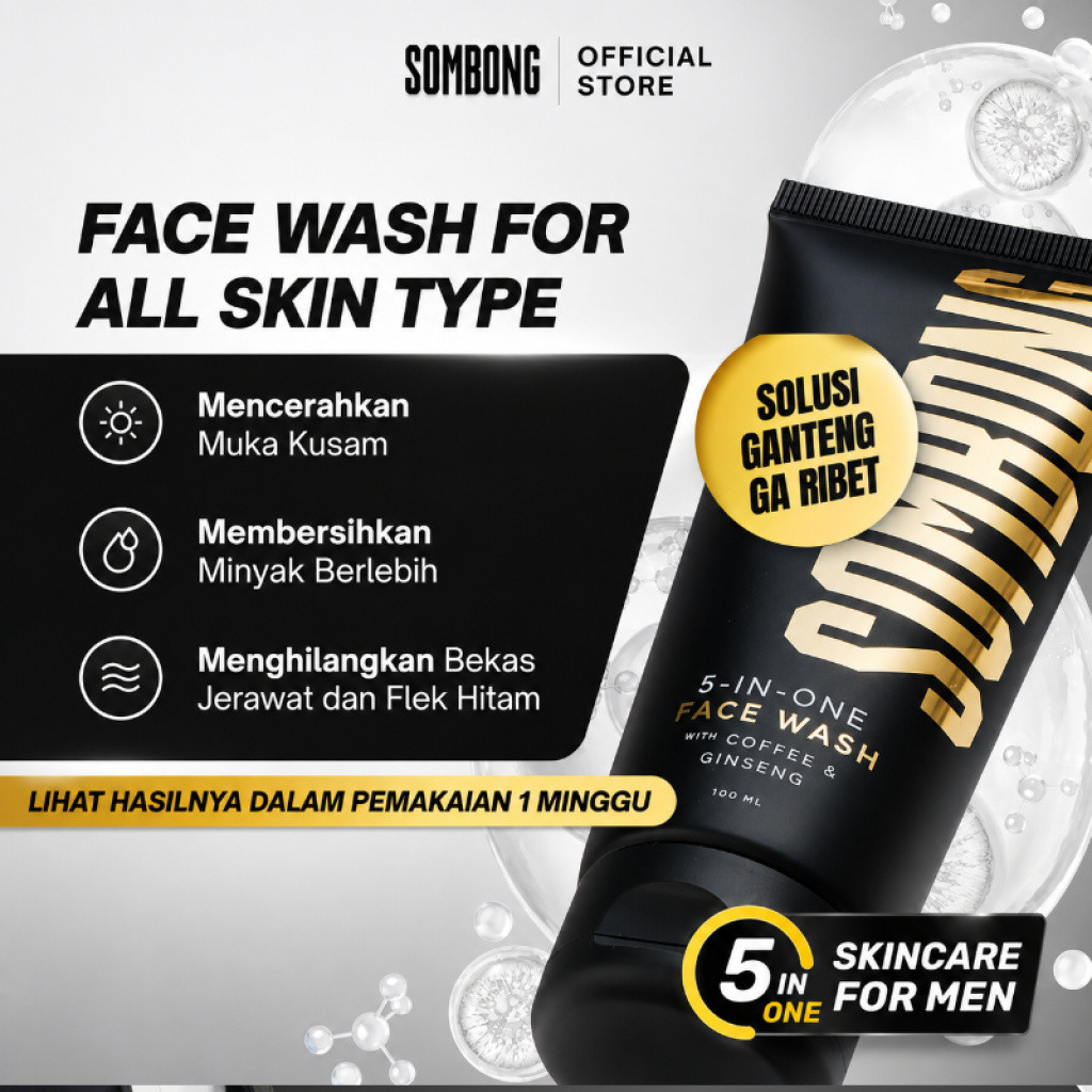 SOMBONG Paket Couple Ganteng Ga Ribet 5-in-1 Face Wash Pria + Sunscreen Spray with SPF 30 Sunscreen 