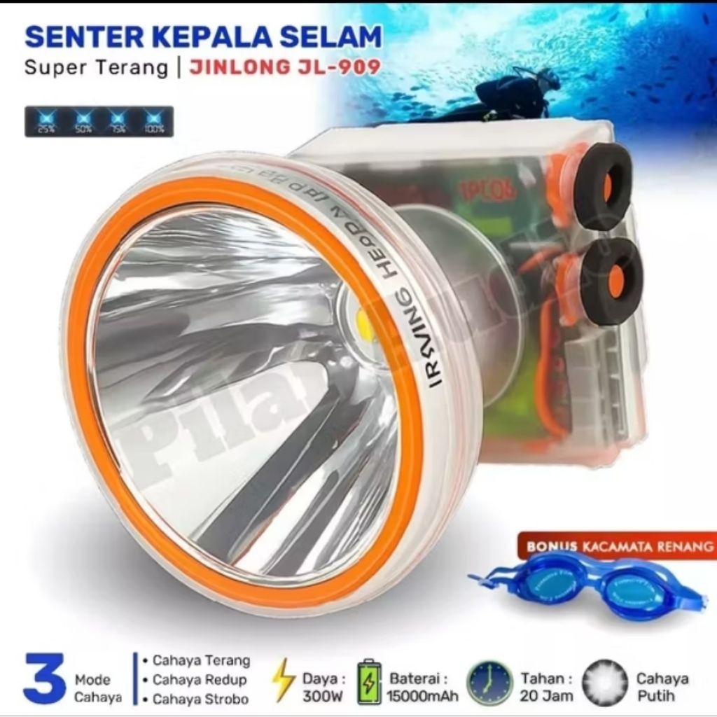 Bugar|| jinlong jl-909 senter kepala menyelam jinlong 300watt cahaya putih + adaptor cass tripod dan