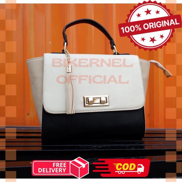 Tas Kerja Wanita PU Elegance Trapeze Hand bag import hitam kombinasi krem / Slingbag - Krem - hitam