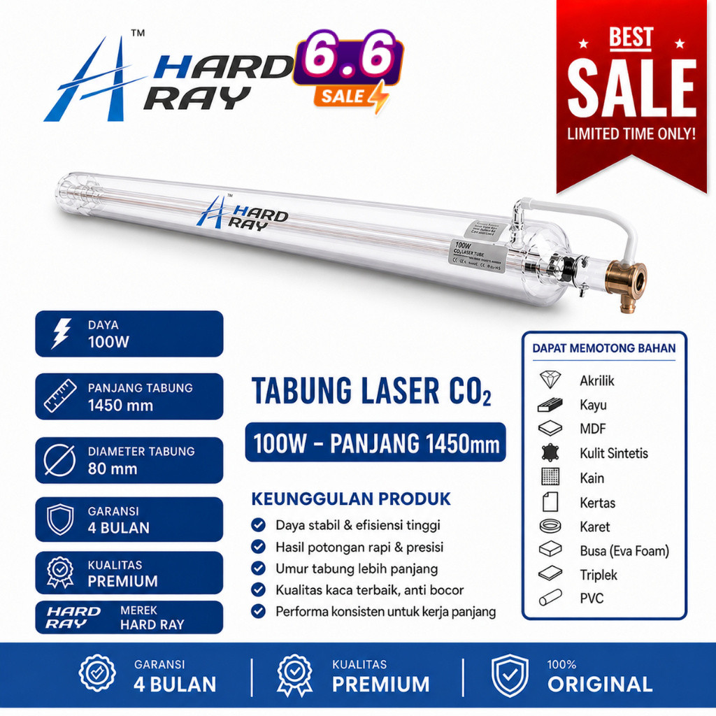 Tabung Laser CO2 HARDRAY 100 Watt Original | Untuk Cutting Akrilik MDF Kayu | Bonus Packing bubble w