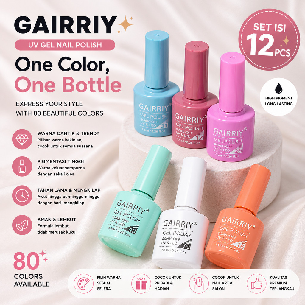 Glowphoria - [12PCS] Kutek Gel UV GAIRRIY 7.5ML Nail Polish Color Set Bisa Pilih Warna
