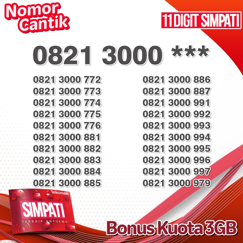 Nomor Cantik Telkomsel Simpati 11Digit 3GB Nasional Serie 3000