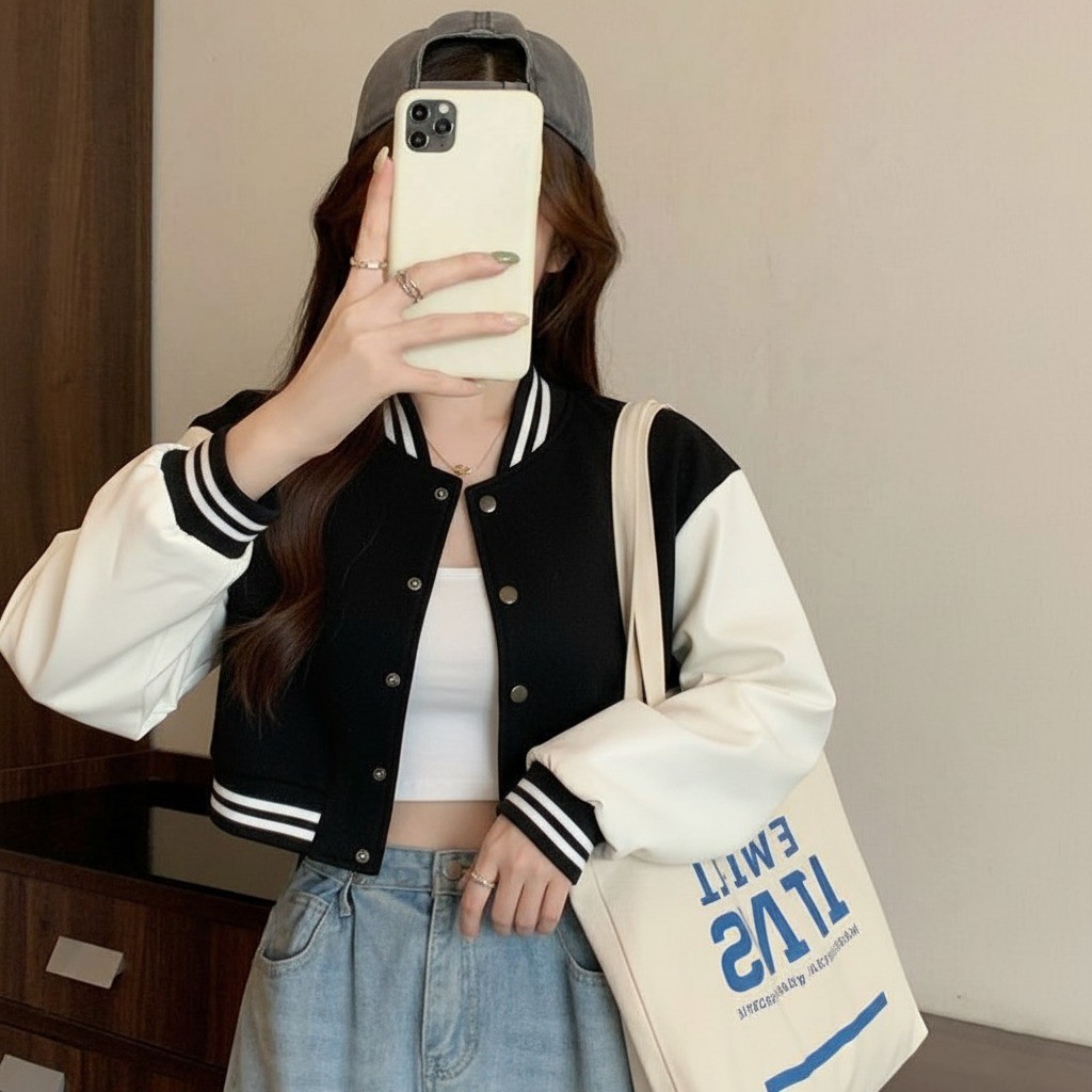 Jaket Wanita B Beyond Crop Baseball Jacket Fleece