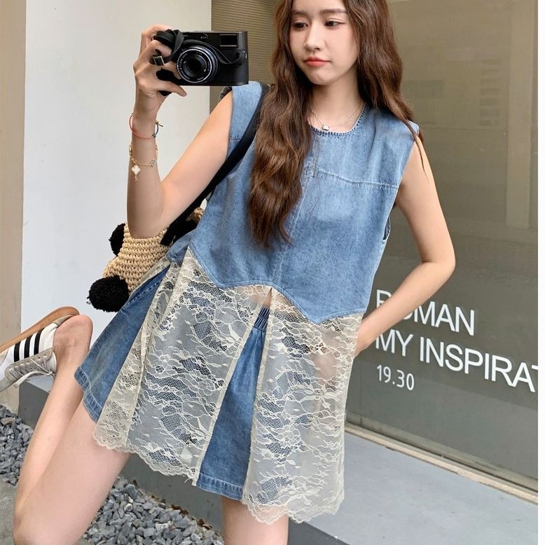 Lace patchwork denim vest and shorts set, chic Korean two-piece outfit
