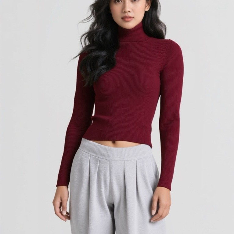 Baju Rajut Wanita Maroon Lengan Panjang Leher Tinggi