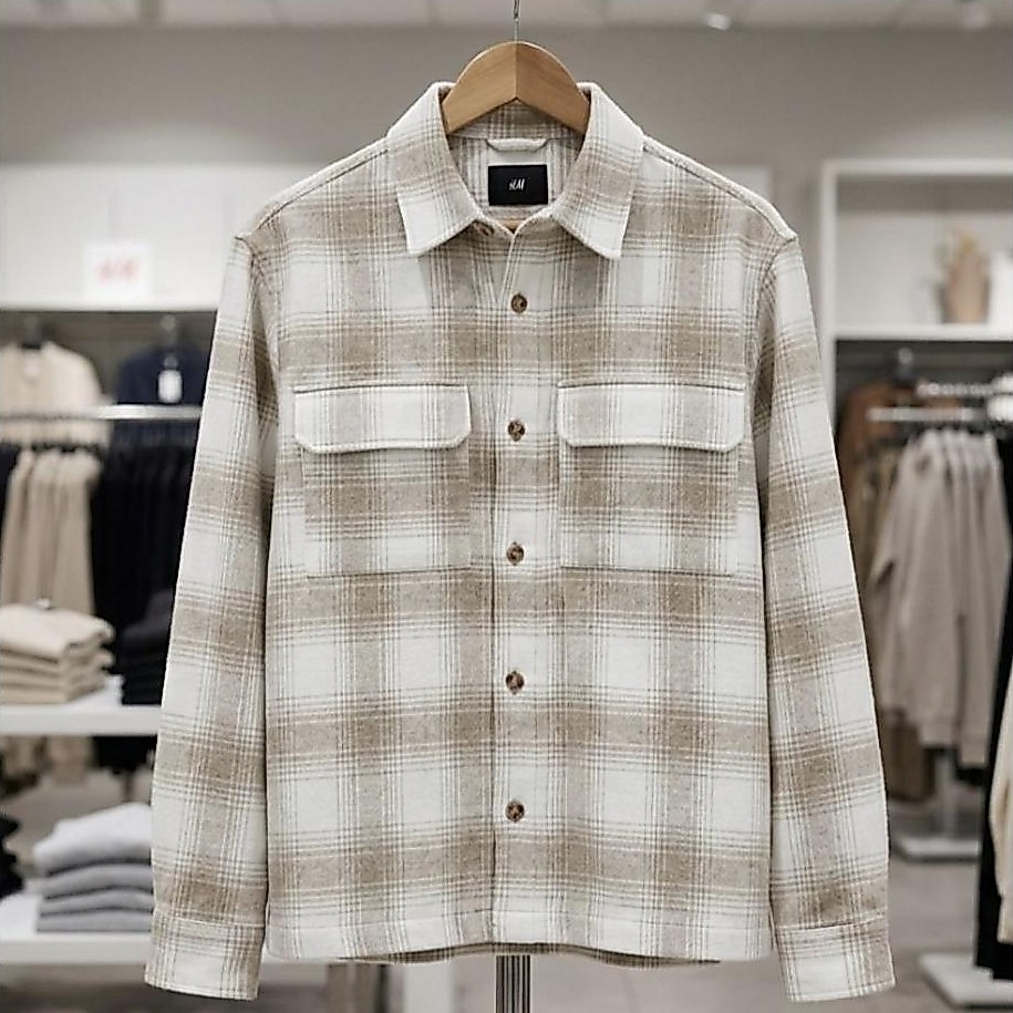 bestpromo hm overshirt shacket flannel pria original beige plaid kemeja kotak-kotak tebal premium ke