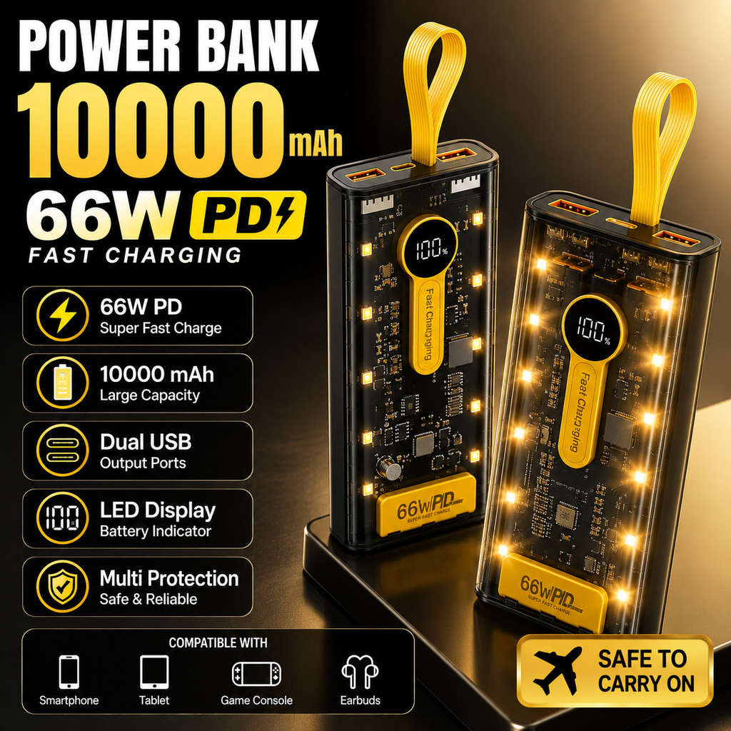 Power Bank 10000mAh 66W Fast Charging PD QC 3 Port USB A Type C LED Transparent Display 5A 12V Porta