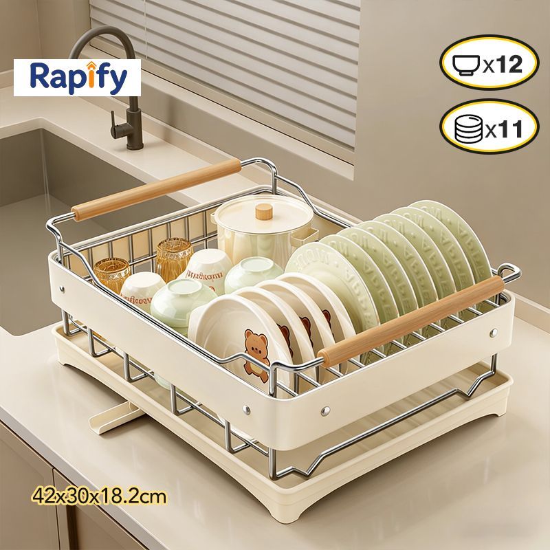 Rapify Rak Piring Dapur Serbaguna Tanpa Pemasangan Dengan Baki Tiris Otomatis Dan Gagang Kayu Untuk 