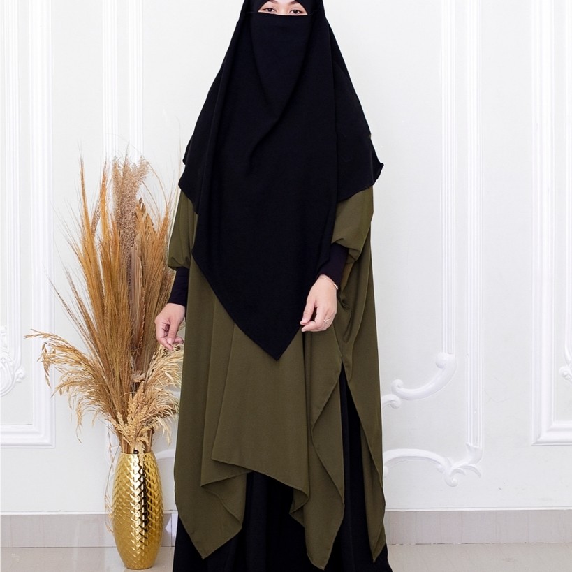 Aqueenah - Tunik Kaftan Busui Polos Series, Setelan Lengkap dengan Tunic French dan Khimar Rok untuk
