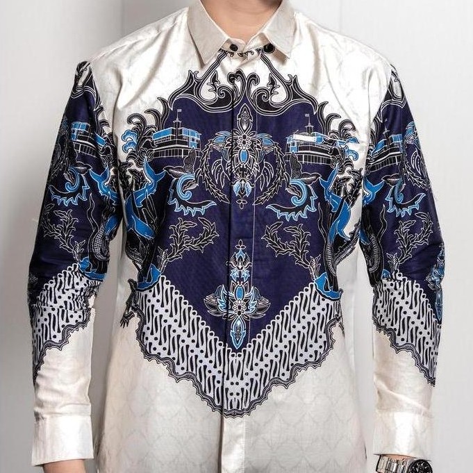 Laskala Batik Premium Surabaya Cream Kemeja Batik Pria Slimfit Lengan Panjang