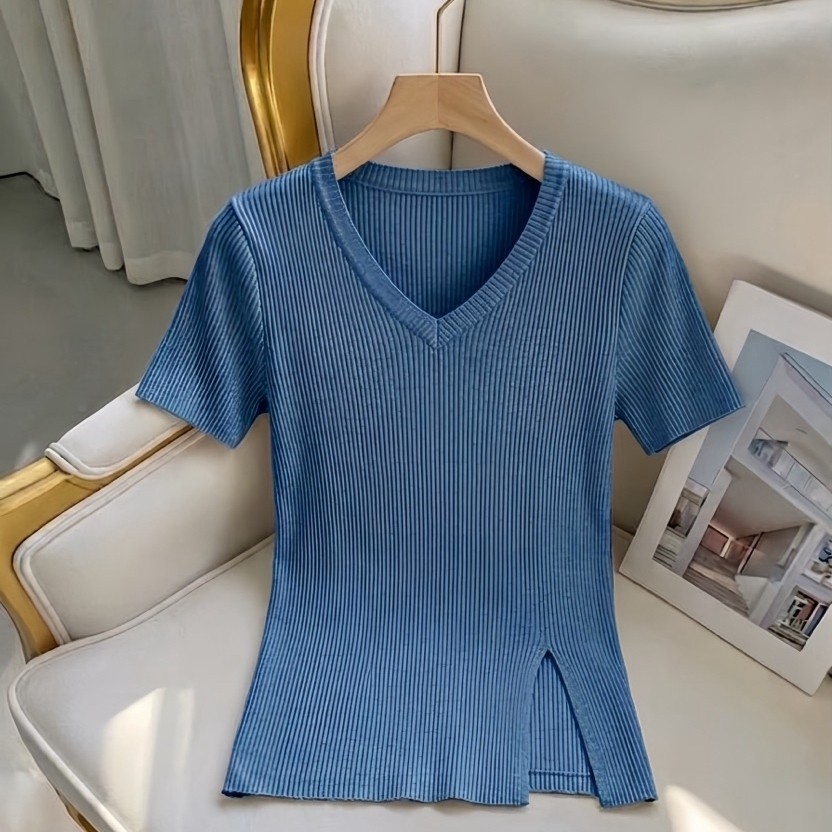 Atasan Wanita Knit Slit Bodycon Style - Blouse Rajut Kerah V Belah Samping Tre