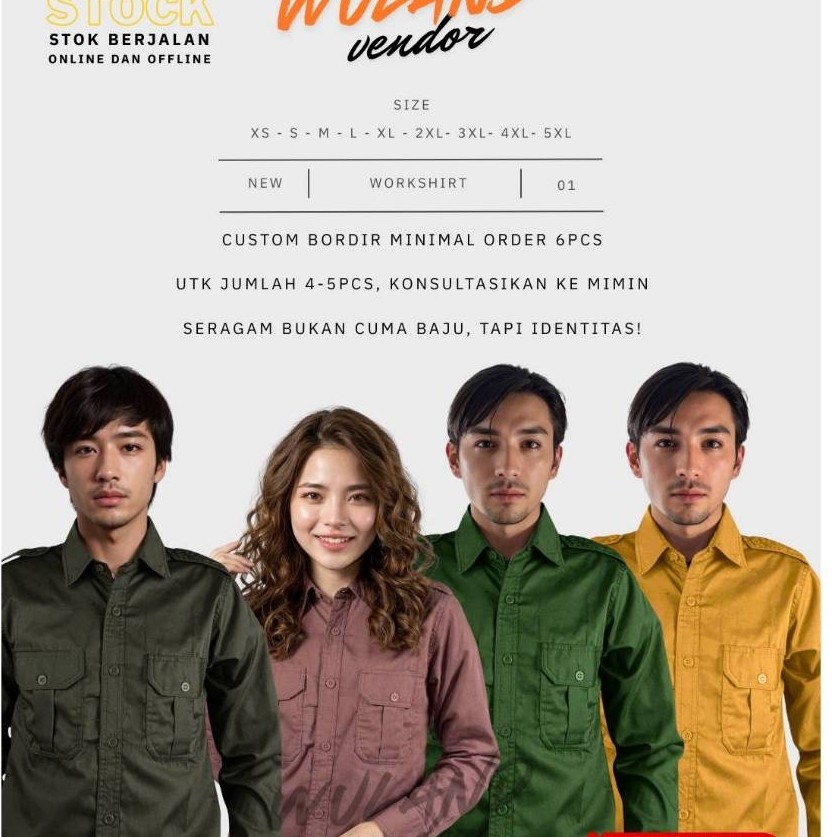 Kemeja Seragam Pria Wanita Warna Hijau Army, Salem/ Mauve, Hijau Botol/ Emerald, Kuning Mustard untu