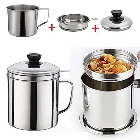 DU-Wadah Saringan Minyak 1.3 Liter Stainless Steel Kecil & Besar / Oil Pot Filter Anti Karat / Gelas