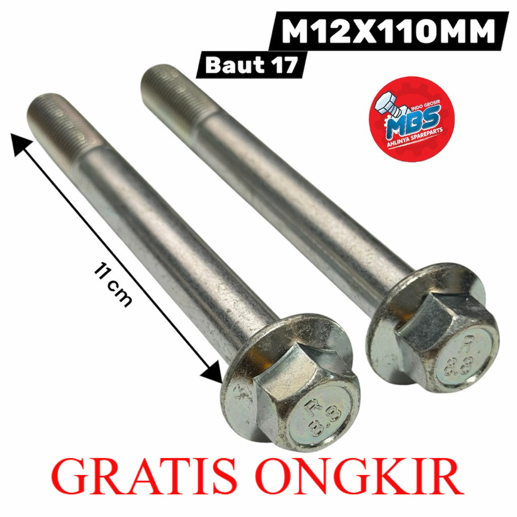 terlaris BOLT FLANGE M12X110 BAUT 17 TOPI PANJANG 11 cm BAUT SHOK AREM MOBIL UNIVERSAL BAJA CARBONor