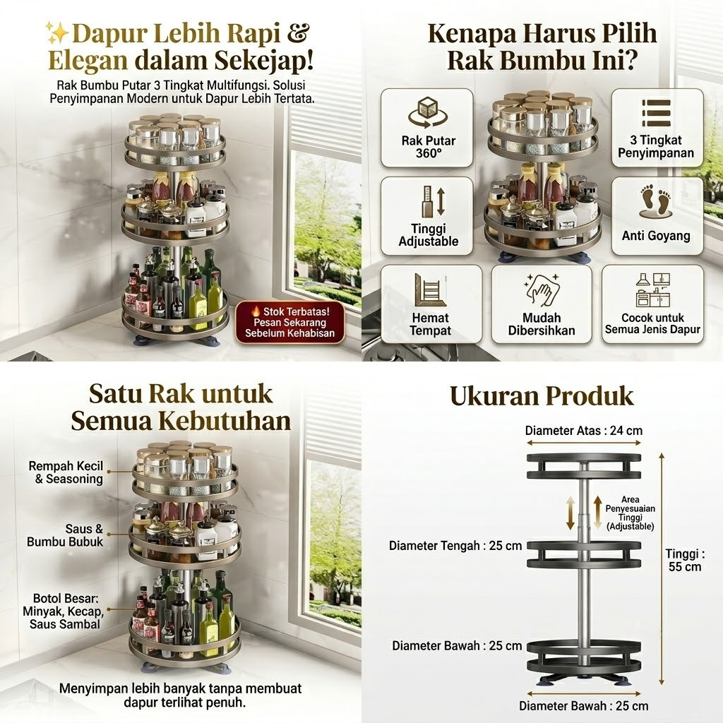 Rak Bumbu Berputar 360 Derajat Rak Bumbu Dapur Rak Dapur Serbaguna Stainless Rotate Kitchen Set