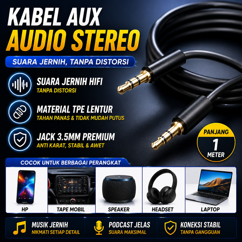 Kabel AUX Audio Stereo 3.5mm HiFi 1 Meter Jack Male to Male Suara Jernih Tanpa Distorsi Sambung HP k