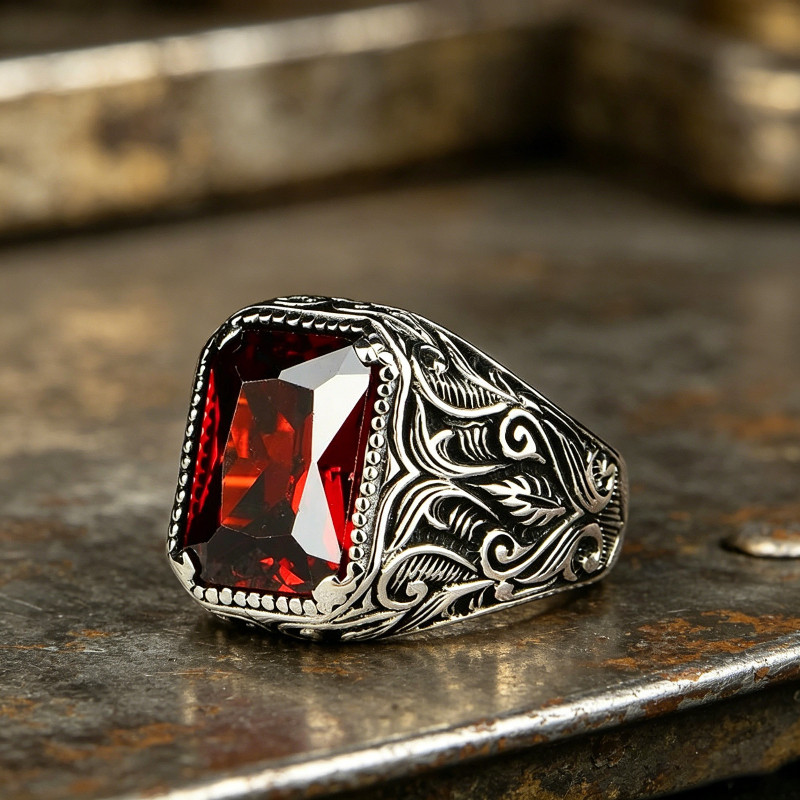 Cincin Pria Titanium Steel Perak Retro Ukiran Batu Merah Kotak Vintage Klasik Elegan Aksesoris Haria