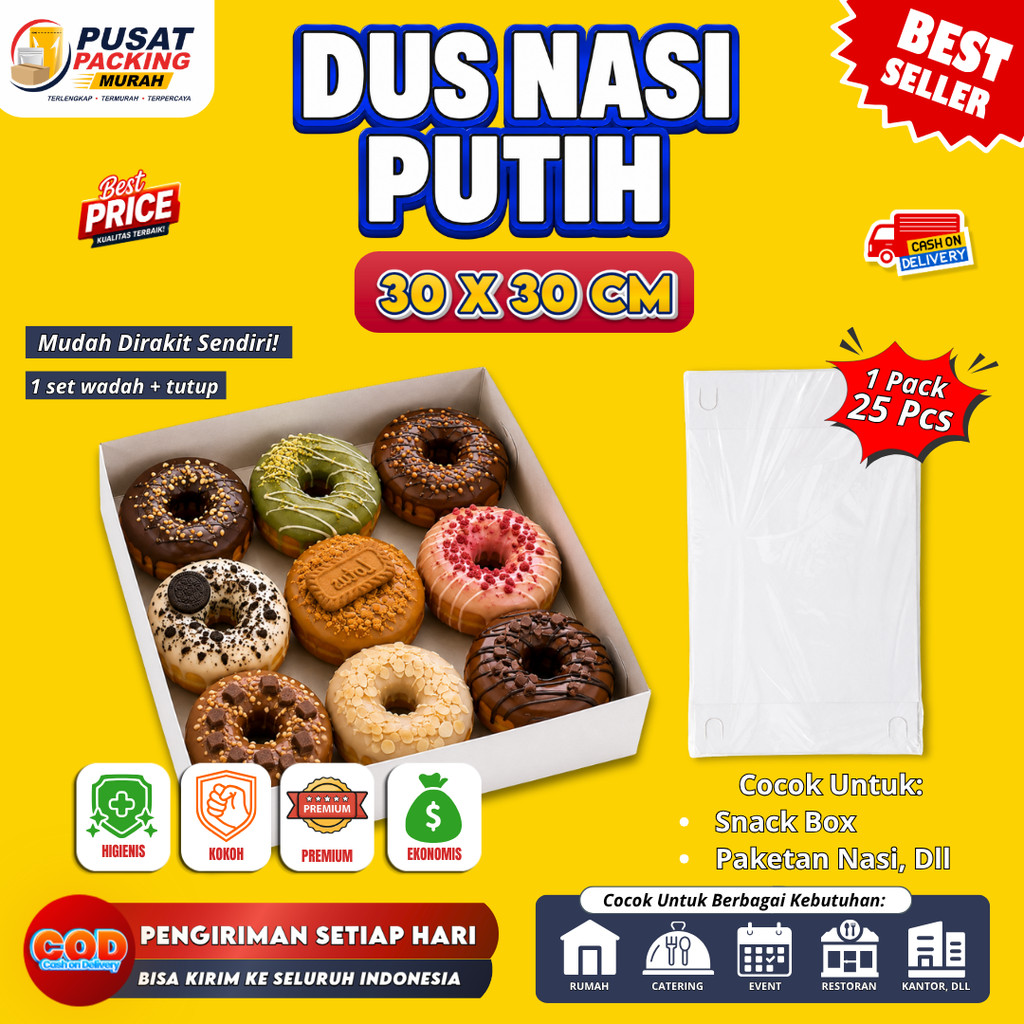 Dus Nasi Kotak Putih Polos 30x30 cm Isi 25 Pcs Catering Snack Box (Rakit Sendiri)