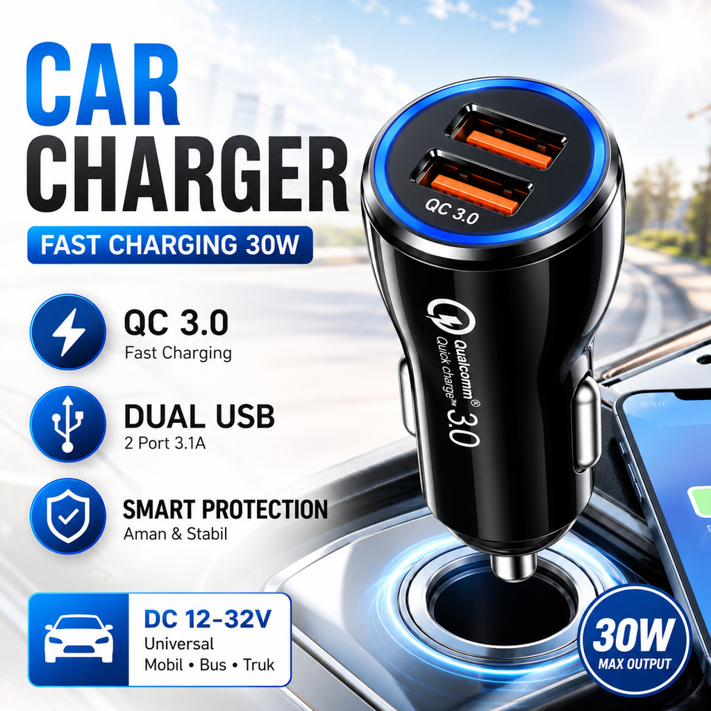 Car Charger Mobil Fast Charging QC 3.0 Dual USB Port 30W Adaptor Charger Mobil 2 Port 3.1A Pengisian