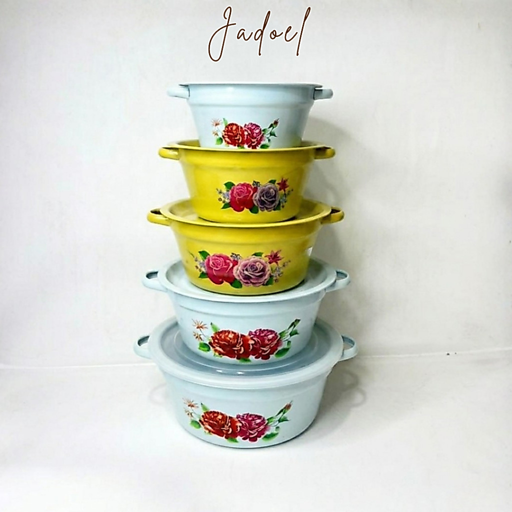 Baskom Tutup Seng Kuping Warna Biru & Kuning / Baskom Tutup Kuping Enamel Kembang Wadah Saji Serbagu