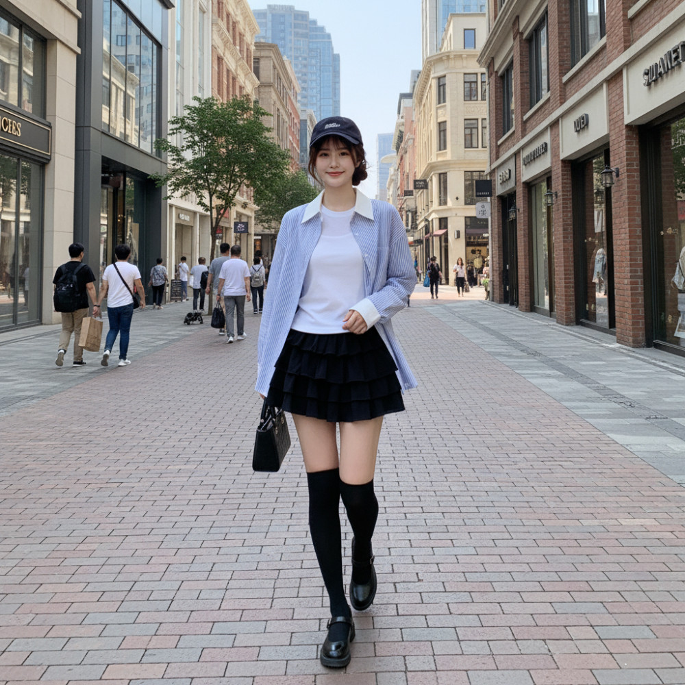 Kemeja Oversize Garis Biru Putih Wanita – Casual Korean Style - kemeja wanita kemeja wanita Atasan w