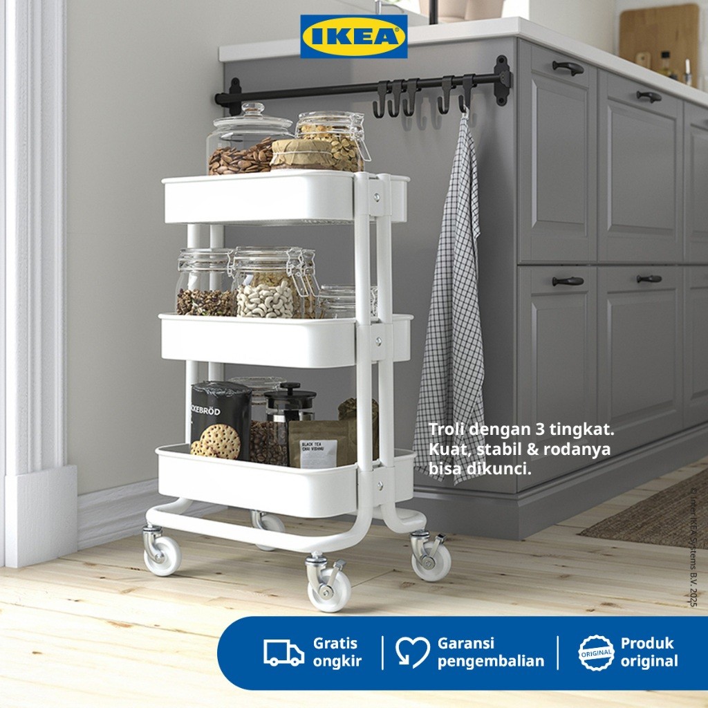 IKEA RASKOG Troli Dapur dengan 3 Rak Serbaguna 28x38x61cm