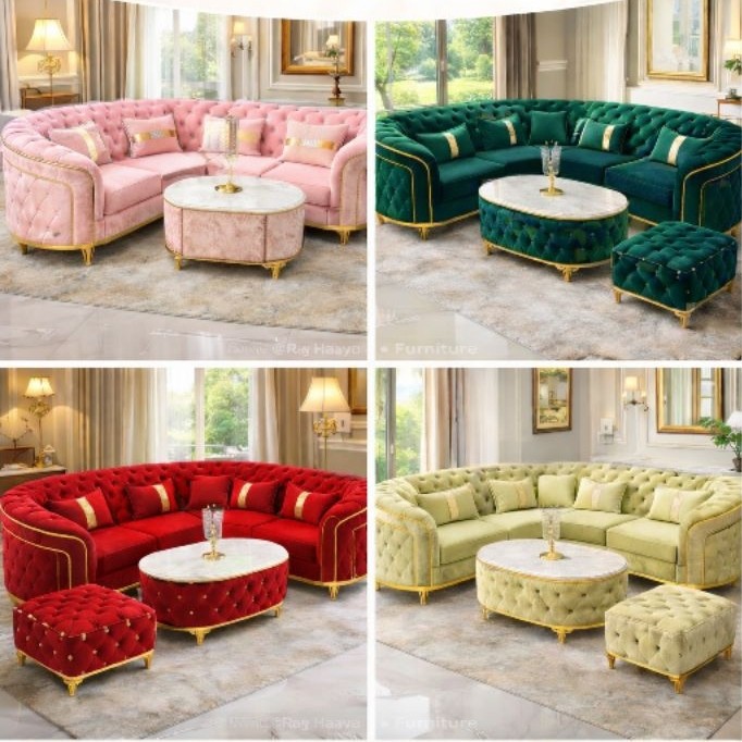 Sofa tamu Chesterfield sudut minimalis 22sudut + stoll + meja sofa mewah murah aesthetic
