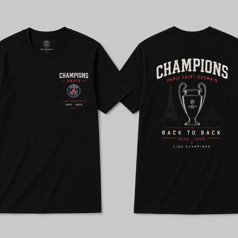 Kaos Paris Saint-Germain Back To Back Champions league Gambar Piala Kaos Distro Unisex