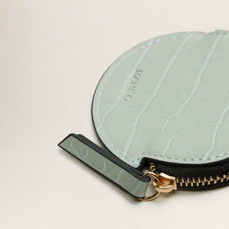 MANGO Gregorio round coin purse in a light green textured