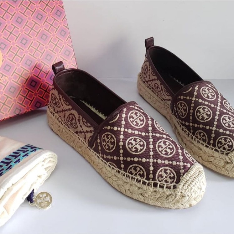 Ready Sepatu Tb T Monogram  Platform  Espadrille, 250. Plum/Wheat